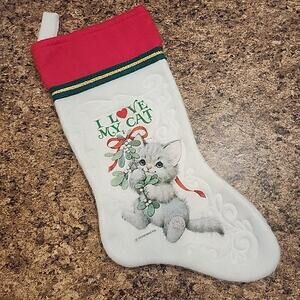 Vintage I Love My Cat Mistletoe Embossed Felt 15" Christmas Stocking Pet Gift‎